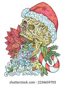 Colorful scary vector illustration with skull in Santa Claus hat and Christmas and New Year symbols - gifts, decorations. Happy Krampus or Halloween concept