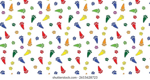 colorful scatter seamless pattern with rabbit footprints for wrapping, textile, wallpaper and other. animal footprints background for kids.
