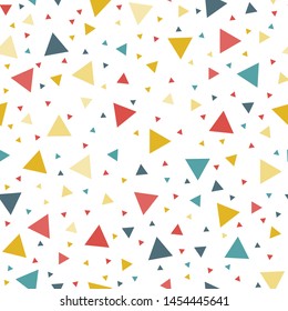 Colorful scattered confetti triangles isolated vector seamless pattern