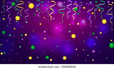 Colorful scattered seamless paper confetti, ribbon and bright beads. Falling particles for Carnival, Mardi Gras, Holiday decoration. Great for horizontal posters, header for website. Vector