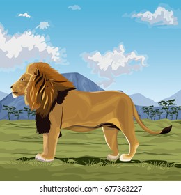 colorful scene african landscape with lion standing