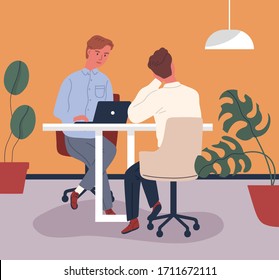 Colorful scene with colleagues sitting at table and working at coworking. Workers in cozy office. Modern comfortable freelancer workplace. Vector illustration in flat cartoon style