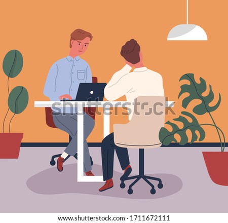 Colorful scene with colleagues sitting at table and working at coworking. Workers in cozy office. Modern comfortable freelancer workplace. Vector illustration in flat cartoon style