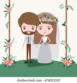 colorful scene with decorative wooden poles and grass with floral ornaments with couple of just married under vector illustration