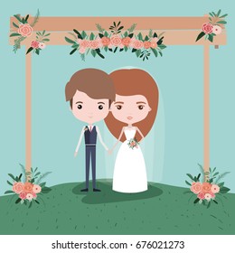 colorful scene with grass decorative frame in wooden poles with floral ornaments with couple of just married under vector illustration