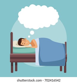 colorful scene man dreaming in bed at night with cloud callout