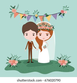 colorful scene with pennants decorative and grass with couple of just married under vector illustration