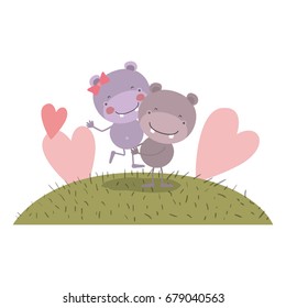 colorful scene sky landscape and grass with caricature couple of hippos one carrying the other vector illustration
