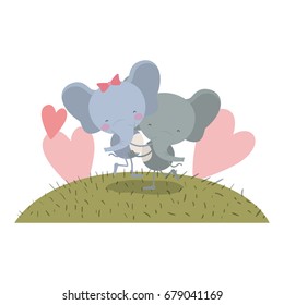 colorful scene sky landscape and grass with caricature couple of elephants one carrying the other vector illustration
