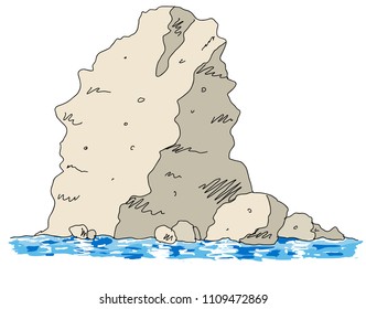 Colorful scenery stone elements with river or sea, in hand drawing sketch style, for  landscape texture design