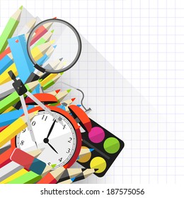 Colorful school background with supplies and pencils in flat design style 
