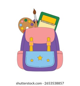 Colorful school backpack with creative art supplies and notebook