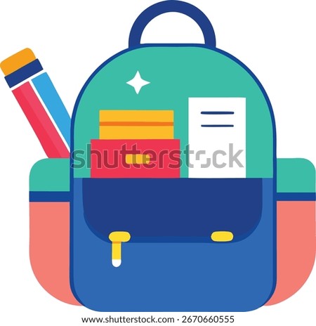 Colorful school backpack filled with stationery items including books, pencil, and paper — perfect symbol for back-to-school season.