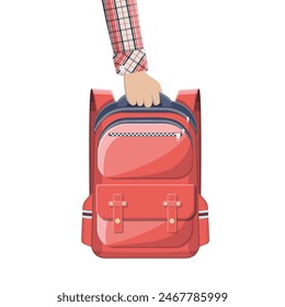 Colorful school backpack in hand. Back to school. Rucksack for school, study, travel, hiking and work. Haversack, knapsack. Schoolbag, luggage and baggage. Vector illustration in flat style