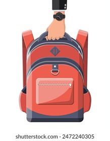 Colorful school backpack in hand. Back to school. Rucksack for school, study, travel, hiking and work. Haversack, knapsack. Schoolbag, luggage and baggage. Vector illustration in flat style