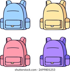 Colorful school backpack icon set, travel bag doodle vector illustration