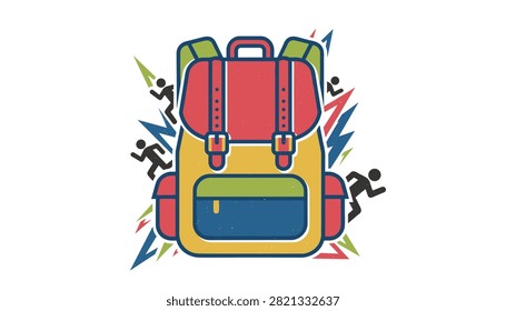Colorful school backpack illustration surrounded by running people silhouettes and dynamic lightning bolts on white background.
