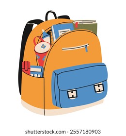 Colorful school backpack. Pencil case, books, marker, ruler. Back to school concept. Hand drawn vector illustration.