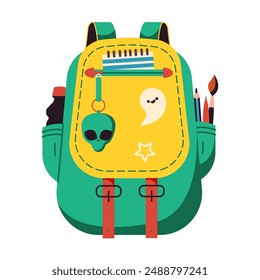 Colorful school backpack vector art on white background. Vibrant 2D cartoon image with bottle of water and pens perfect for educational topics