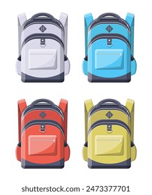 Colorful school backpacks. Back to school. Rucksack for school, study, travel, hiking and work. Haversack, knapsack. Schoolbag, luggage and baggage. Vector illustration in flat style