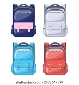 Colorful school backpacks. Back to school. Rucksack for school, study, travel, hiking and work. Haversack, knapsack. Schoolbag, luggage and baggage. Vector illustration in flat style