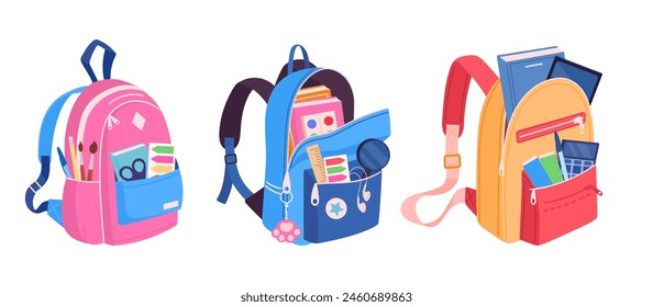 Colorful school backpacks. Cartoon school bags with school supplies and notebooks, textile backpacks flat vector illustration set. School bags collection