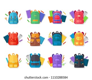 Colorful school backpacks icons set, Variety bright bags with for school supplies for pupils and students flat vector illustrations isolated on white. Fashionable school equipment for kids