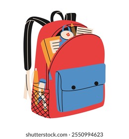 Bolsa colorida. Mochila com material de estudo. Caixa, livros, marcador, caneta. De volta ao conceito da escola.