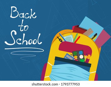 Colorful school bag with school class supplies and back to school typography quote. 