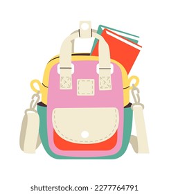 Colorful school bag flat icon Backpack with books. Vector illustration