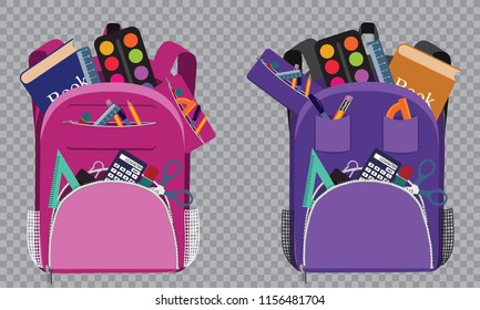 Colorful school bag with school supplies. 3d backpack with zippers isolated . Vector illustration.