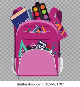 Colorful school bag with school supplies. 3d backpack with zippers isolated . Vector illustration.