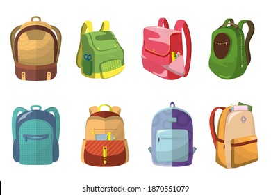 Colorful school bags set. Kids backpacks with school supplies in open pockets, schoolbags children. Vector illustration for back to school, education, stationery concept