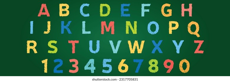 Colorful school chalk square shape letters and numbers. Multicolor text Welcome back on green chalkboard. 