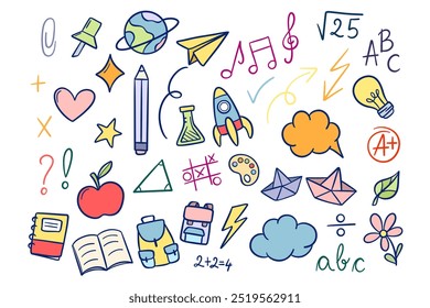 Colorful school doodles, hand drawn clip art set, cute stickers, isolated