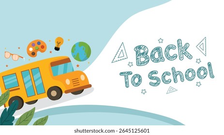 Colorful school elements with bus globe and palette surrounding chalk back to school message