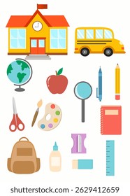 Colorful school elements including building, bus, backpack, globe, books, stationery, and art supplies. Ideal for education, back to school, and kids designs