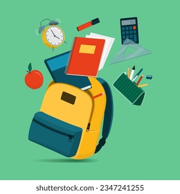 Colorful school equipment falling in an open backpack, back to school and education concept