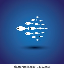 colorful school of fishes - leader & leadership vector graphic. This illustration also represents marine travel, exotic tropical tourism, aquarium, adventure water sports, office boss, etc 