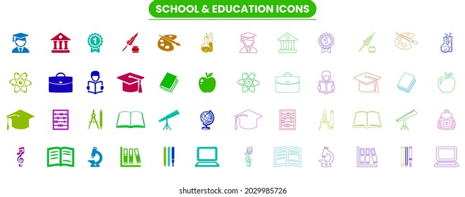 Colorido conjunto de iconos de la escuela y del vector plano y de línea
