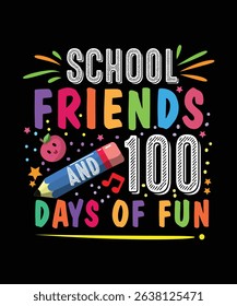Colorful School Friends and 100 Days of Fun Illustration with Pencil, Apple, Stars and Musical Notes, Perfect for Classroom Celebrations and Kindergarten Events