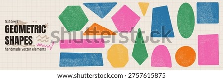 Colorful school geometry shapes with crayon texture and ink grunge frame. Geometric shape set on grid background with triangle, hexagon and circle. Handmade school vector elements for sticker and tag.