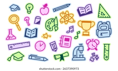 Colorful School Icon Doodle Set in Cartoon Sticker Style