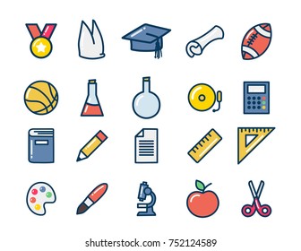 Colorful school icon pack with vectorized icons of hats, diploma, balls, pen and pencil, chemistry and other school items