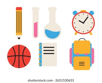 Ícones escolares coloridos ajustados com mochila lápis relógio despertador tubos de teste para educação ou necessidades do aluno