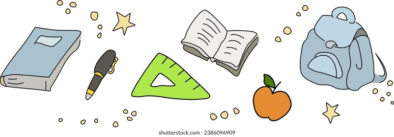 Colorful school items on a white background. Illustration EPS 10. School items: a notebook, a backpack, a ruler and an apple on a white background.
