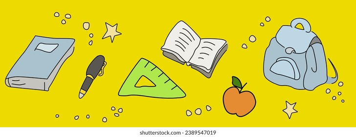 Colorful school items on a yellow background. Illustration EPS 10. School items: a notebook, a backpack, a ruler and an apple on a yellow background.