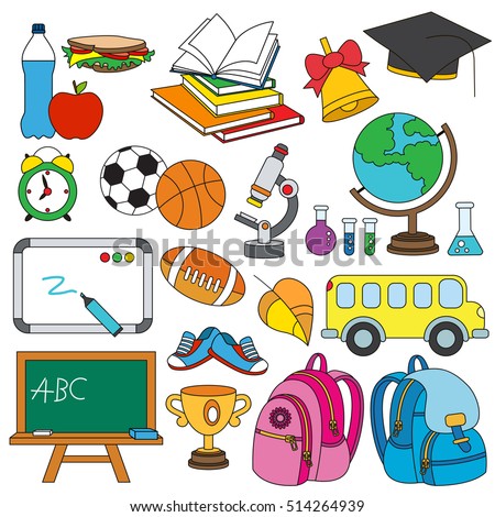 Colorful school janitor set in vector. Stationery and tools for school education.