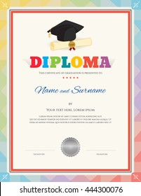 Colorful school kid diploma certificate template in portrait and modern style with graduation cap, certificate document and seal