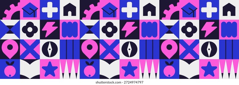 Padrão de mosaico escolar colorido com ícones de geometria e fundo de livro infantil. Pastas de trabalho de educação infantil com um padrão de mosaico geométrico colorido.